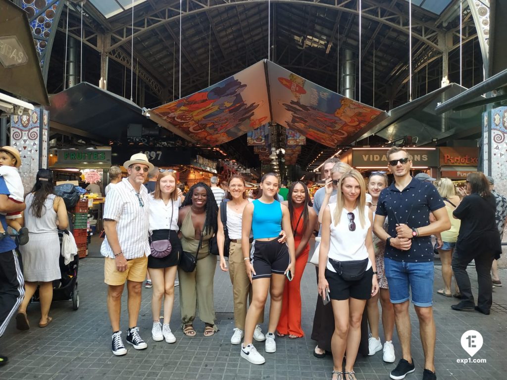 Group photo Barcelona Ancient Markets Walking Tour on 8 July 2022 with Marta