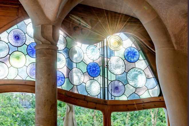 Close up of artwork on window in Casa Batlló