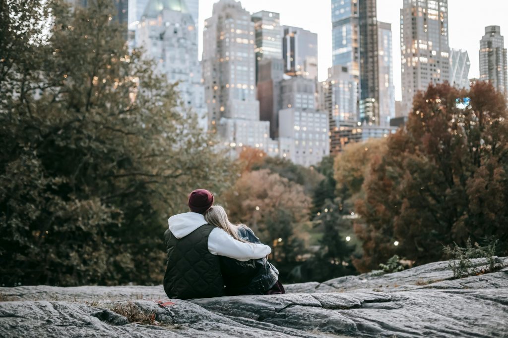 Romantic couple sitting in Central Park NYC