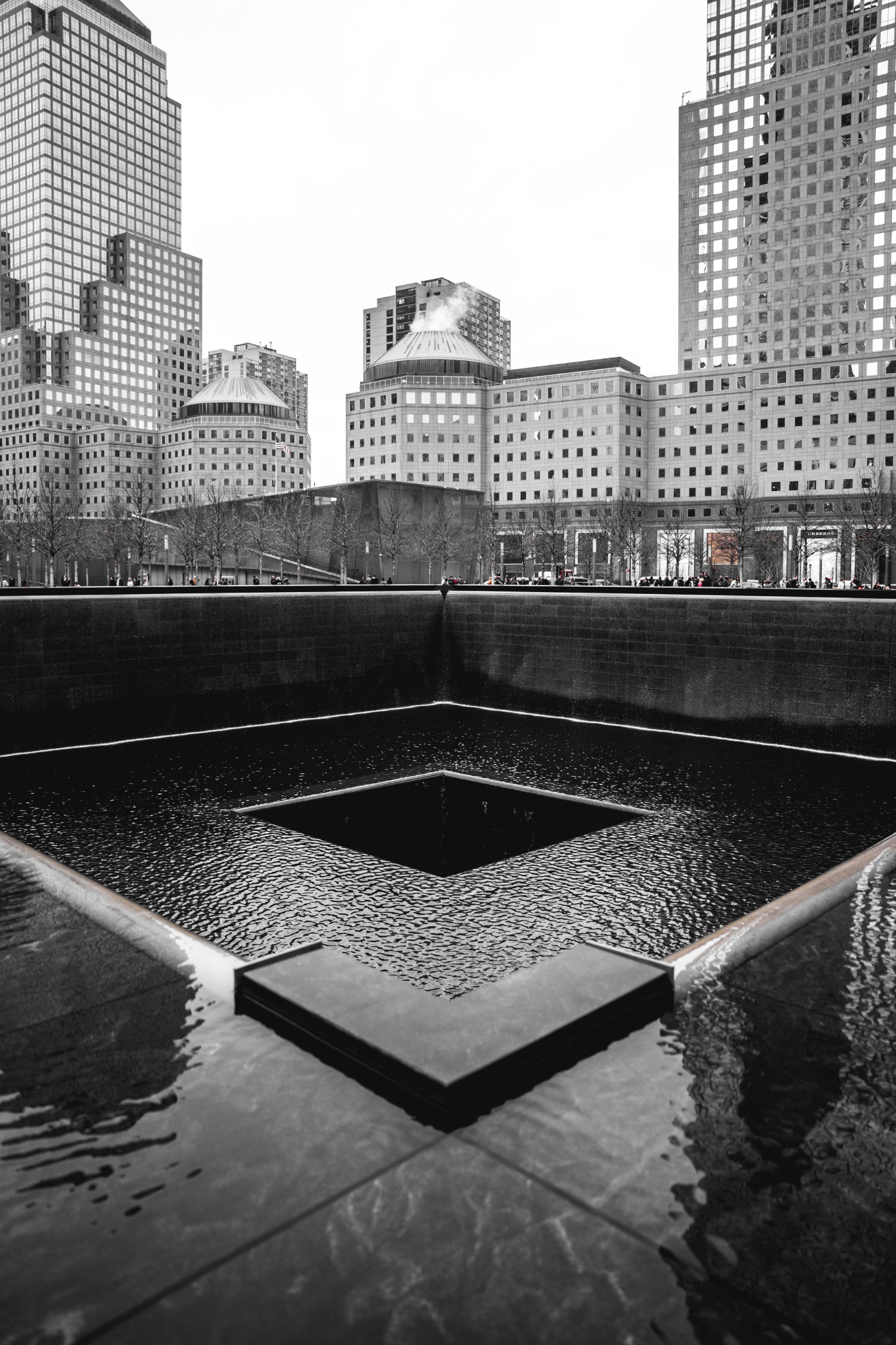 One of the fountains that makes up Reflecting Absence, an art installation at the 9/11 Memorial