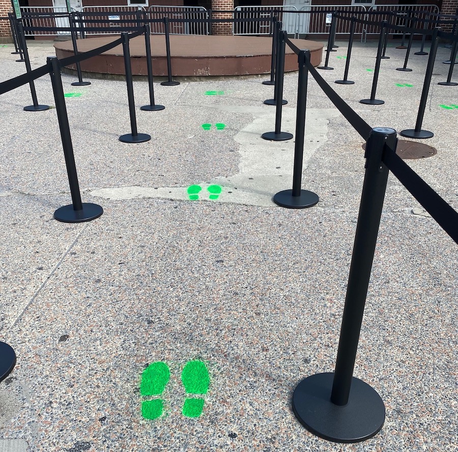 Social distancing footprints for the Statue of Liberty for coronavirus safety