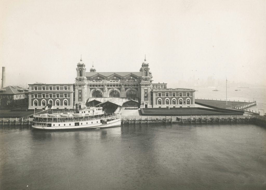 Grayscale image of the Immigration Station in Ellis Island