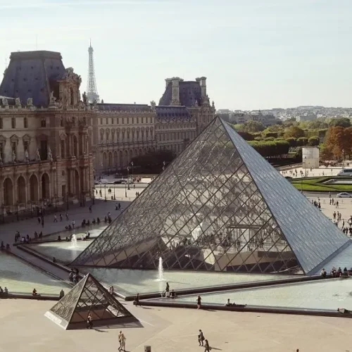 Aerial shot of outside the Louvre Museum