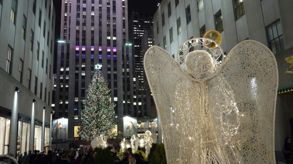 Christmas tree and decorations in Rockefeller Plaza in NYC