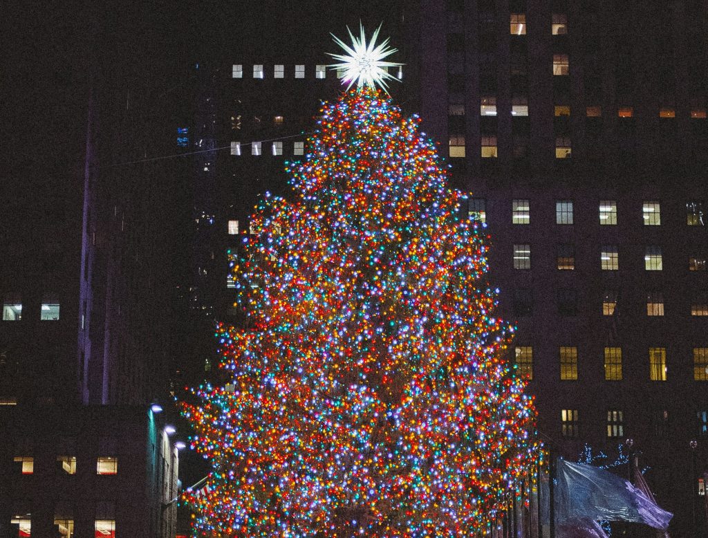 Rockefeller Center Christmas tree lit up in NYC