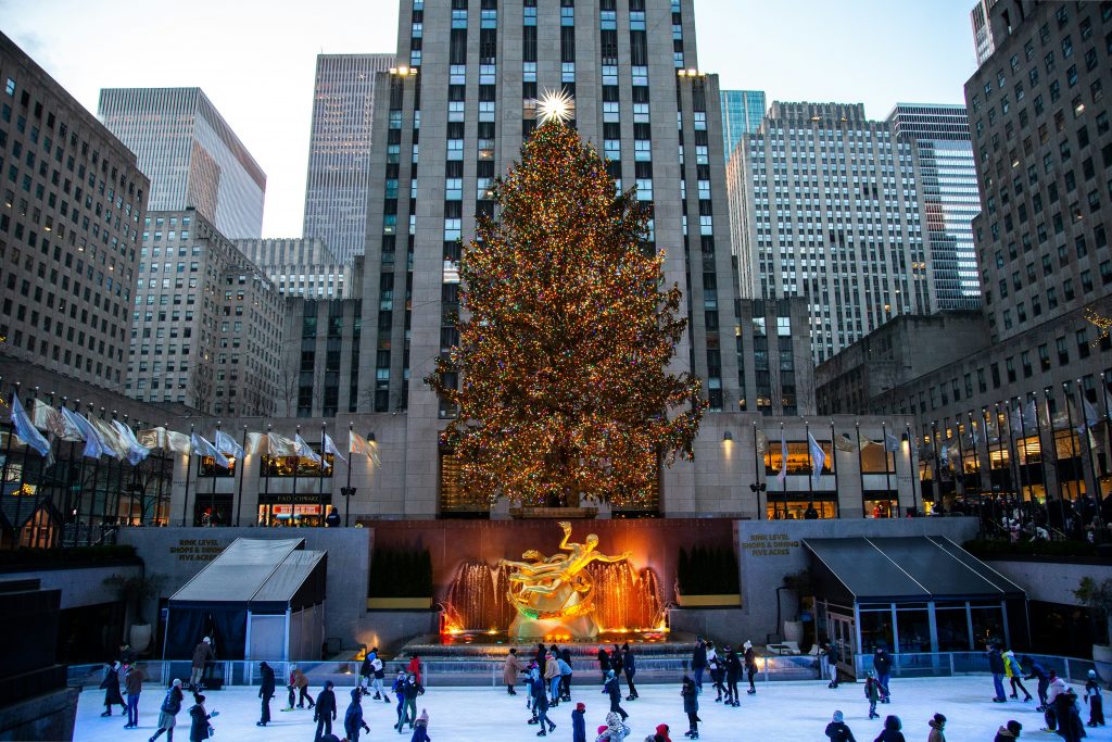 large christmas tree in Rockefeller Plaza