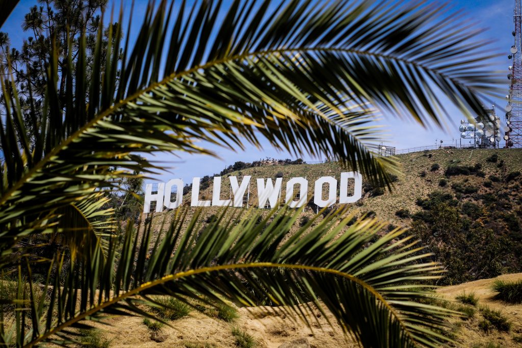 Hollywood Sign view through palm leaves