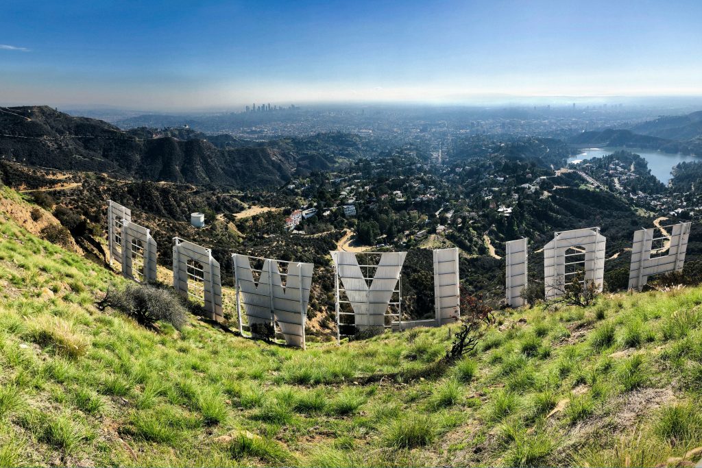 Panoramic view of Los Angeles from behind the Hollywood sign on Mount Lee