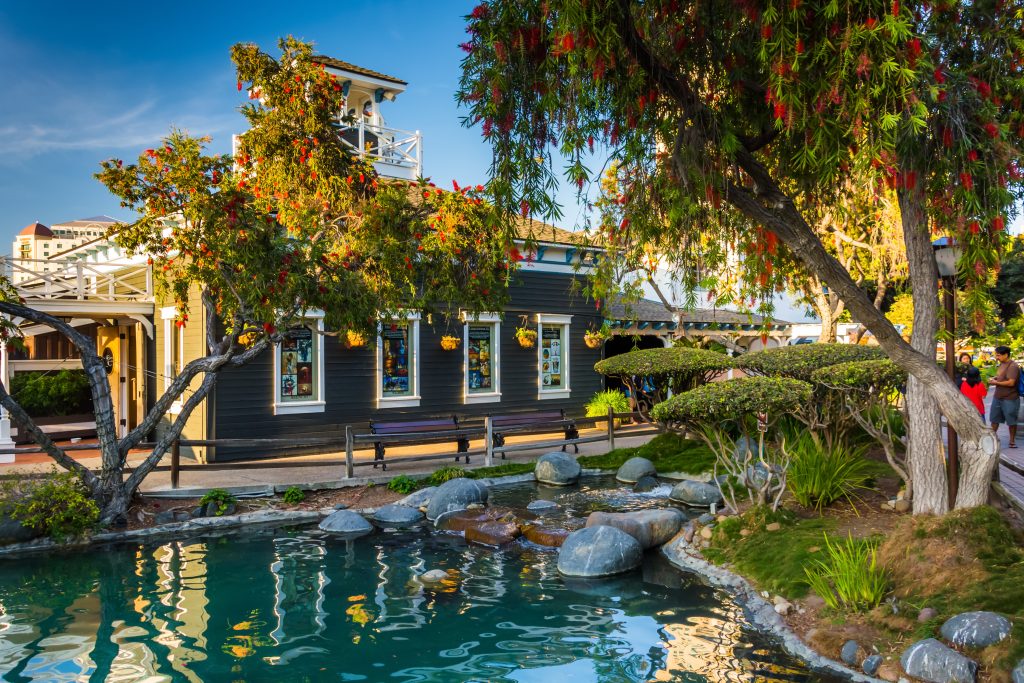 Pond and buildings at Seaport Village, in San Diego, California.