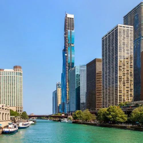 Chicago Riverwalk with architecture in background