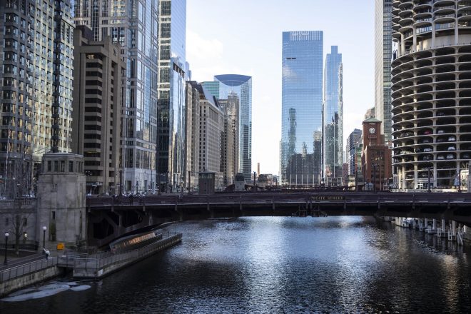 Landscape shot of Chicago River and skyscrapers during Chicago Food and Culture Tour