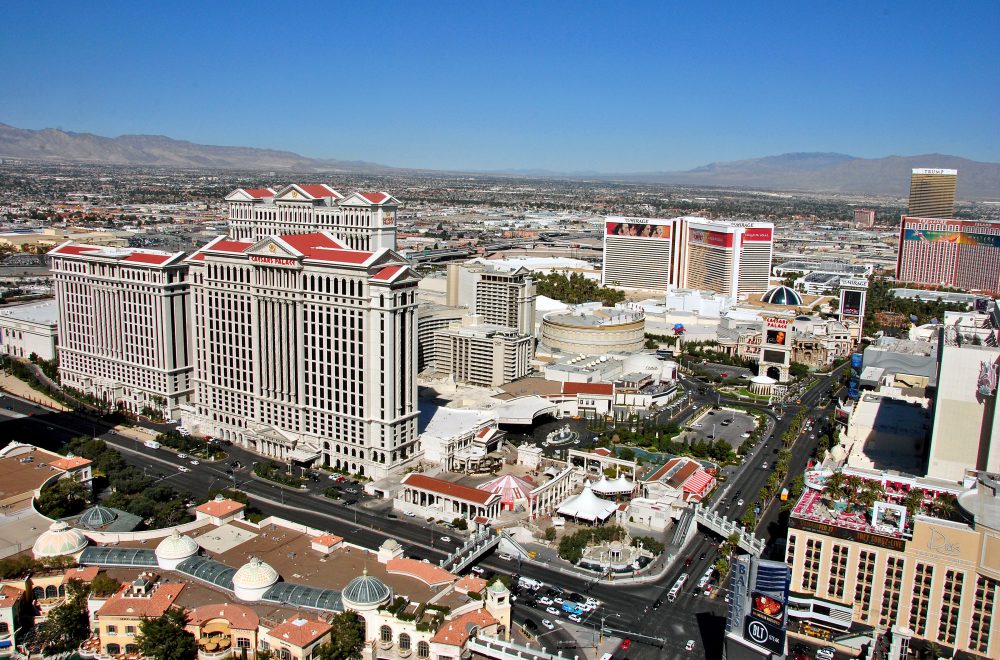 Caesars Palace and The Strip seen from Eiffel Tower replica at Paris Hotel and Casino Las Vegas Nevada USA