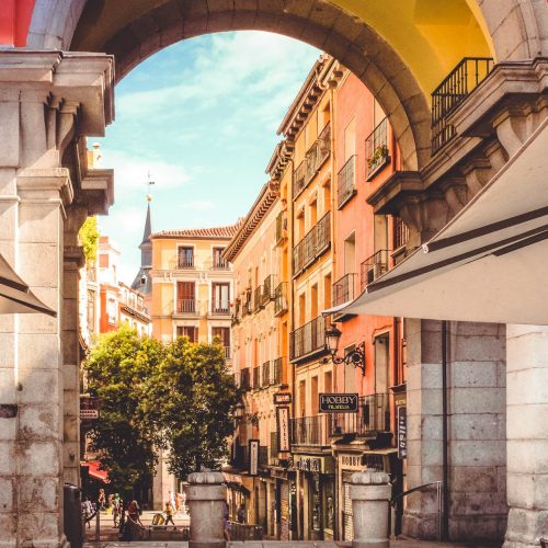 arch with view into Plaza Mayor on guided highlights tour of Madrid