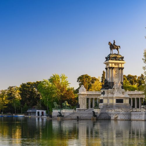 Madrid Spain, city skyline at El Retiro Park