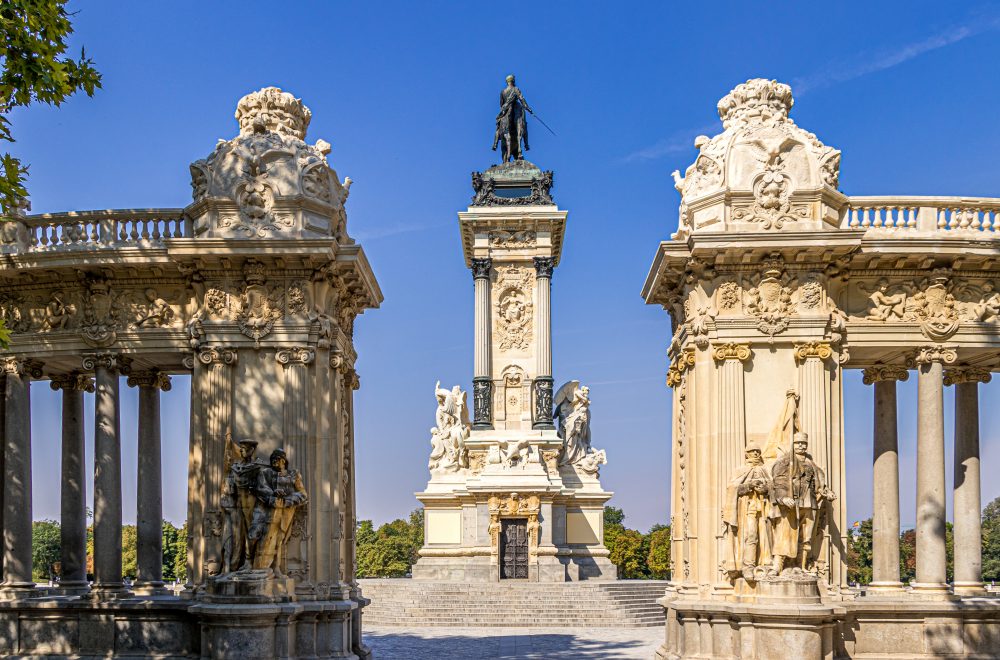 Madrid Spain, city skyline at El Retiro Park