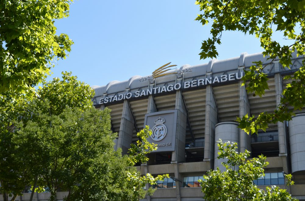 Bernabeu Stadium sign from outside in daytime