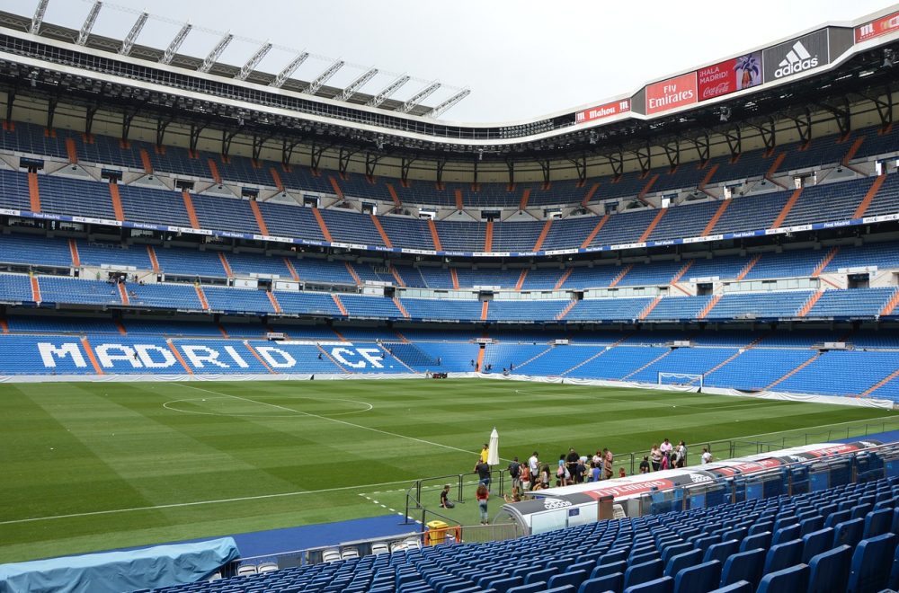 Daytime view near football lawn inside Bernabeu Stadium