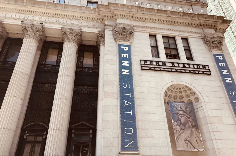 Low shot of Penn Station entrance in NYC