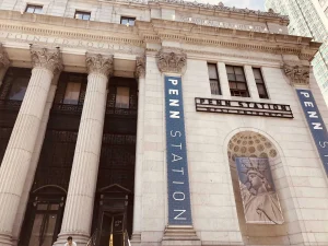 Low shot of Penn Station entrance in NYC