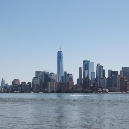 View of New York City skyline during Statue of Liberty and Ellis Island tour