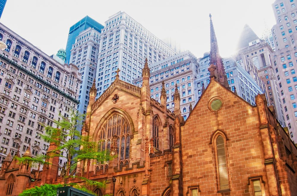 Sunny low shot of Holy Trinity Church in NYC Bus Tour