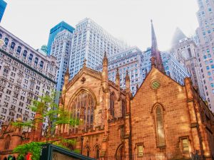 Sunny low shot of Holy Trinity Church in NYC Bus Tour