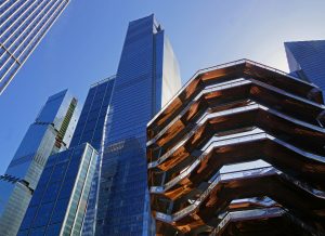 The Vessel and surrounding large buildings at Hudson Yards in midtown Manhattan New York