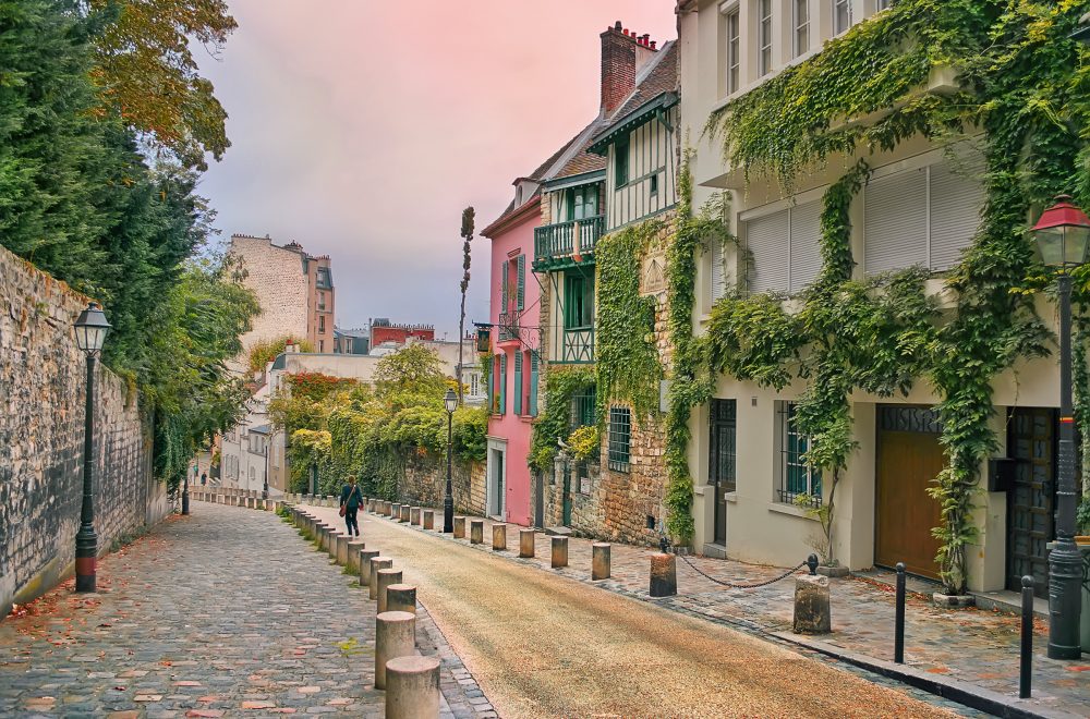 Twilight view of street in Montmartre, Paris