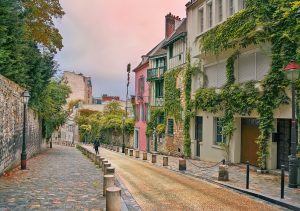 Twilight view of street in Montmartre, Paris