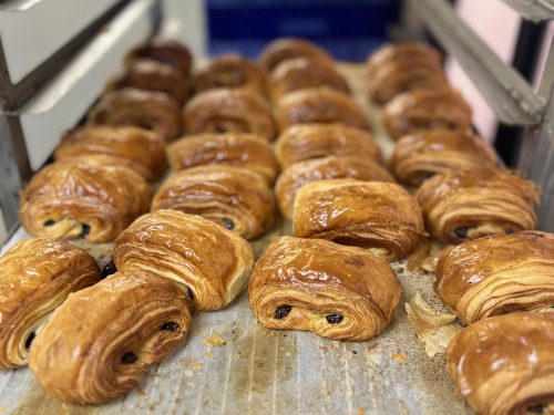 Tray of baked pains au chocolat