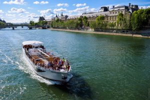 Aerial view of Seine River Cruise and Eiffel Tower