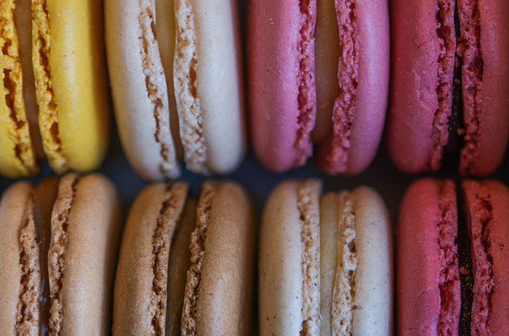 Close up of coloured macarons