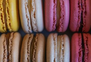 Close up of coloured macarons