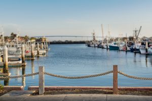 Rope railing with the blurred background of fishing boats and Coronado bridge, Tuna Harbor, San Diego bay, California