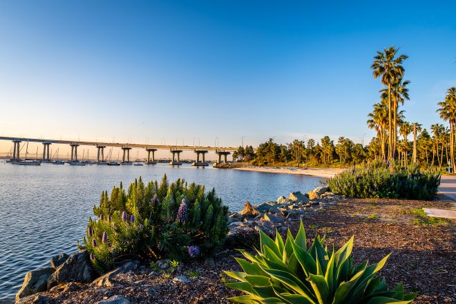 Sunrise and the San Diego skyline from Coronado Island