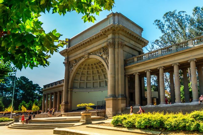 San Francisco, CA – September 21, 2015: Golden Gate Park in San Francisco, The Picture shows the Bandshell aka Spreckles Temple of Music nearby the  M. H. de Young Memorial Museum
